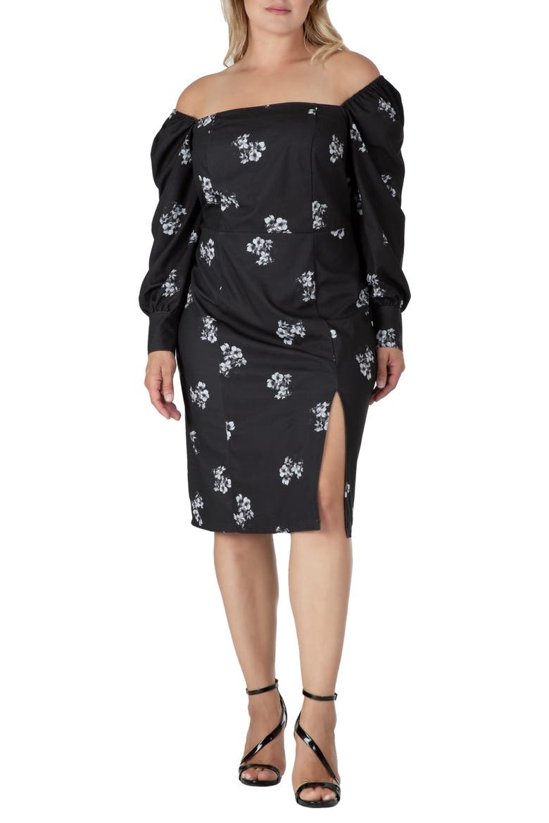 Floral Ruched Long Sleeve Dress, Alternate, color, BLACK WHITE SAKURA