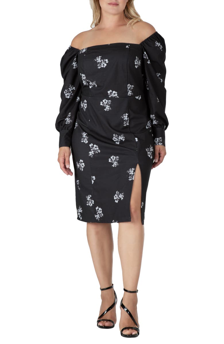 Standards & Practices Floral Ruched Long Sleeve Dress, Alternate, color, Black White Sakura