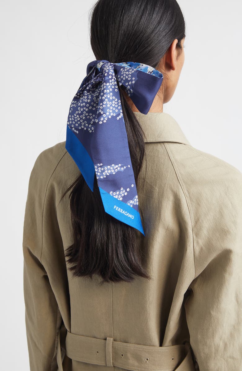 FERRAGAMO Fiorenza Floral Reversible Silk Skinny Scarf, Alternate, color, New Navy/Blu