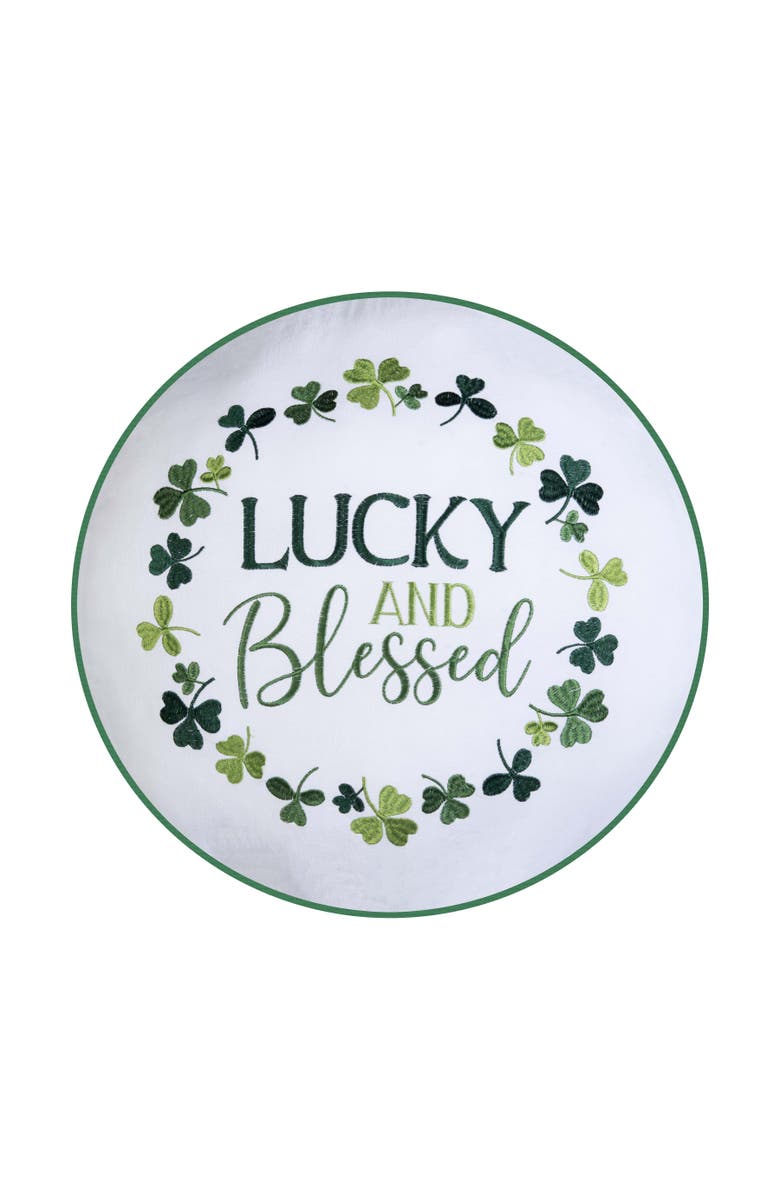 C&F Home Lucky & Blessed Typography St. Patrick's Clover Embroidered Round Throw Pillow, 18" x 18", Main, color, Green
