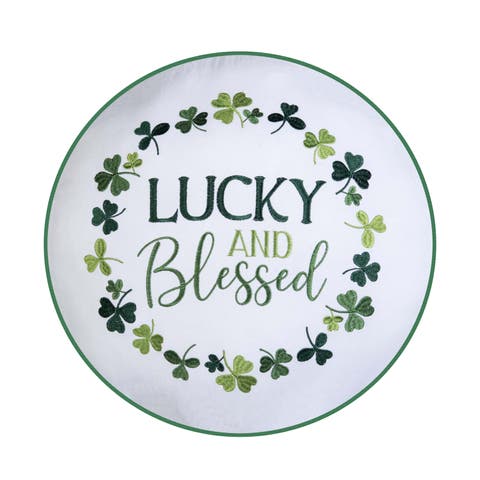 Lucky & Blessed Typography St. Patrick's Clover Embroidered Round Throw Pillow, 18" x 18"
