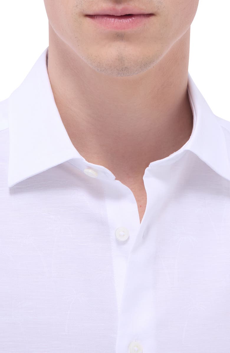 Bugatchi Orson Palm Tree Pattern Solid Short Sleeve Cotton & Linen Button-Up Shirt, Alternate, color, White