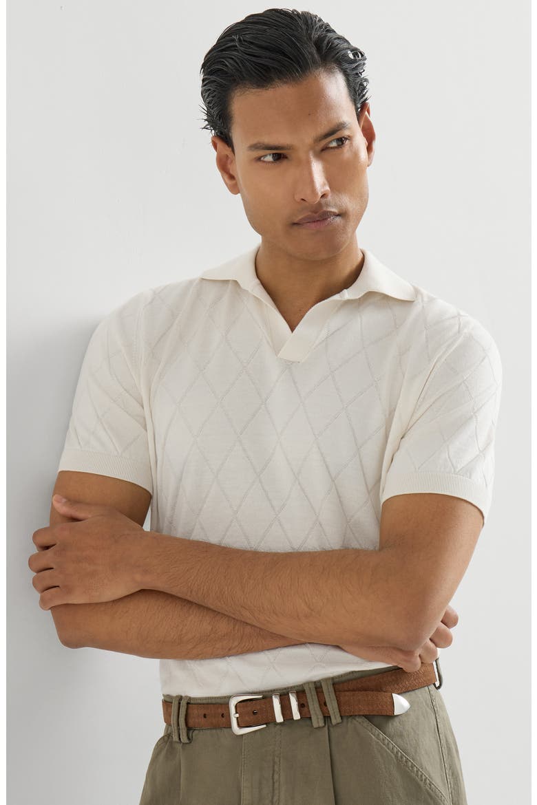 Cotton textured Argyle lightweight knit polo shirt, Alternate, color, White