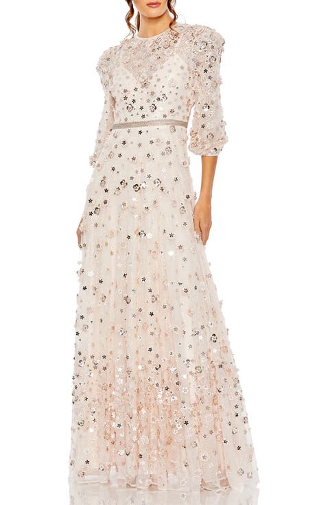 Women's Floral Applique Puff Sleeve High Neck A-Line Gown