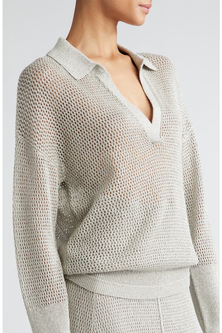 Johnny Collar Shimmer Mesh Polo Sweater, Alternate, color, SILVER