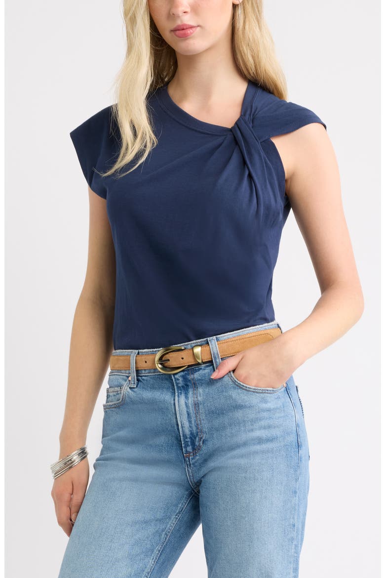Twist Neck Asymmetric Sleeve Cotton Top, Main, color, NAVY STILL
