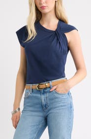 Treasure & Bond Twist Neck Asymmetric Sleeve Cotton Top