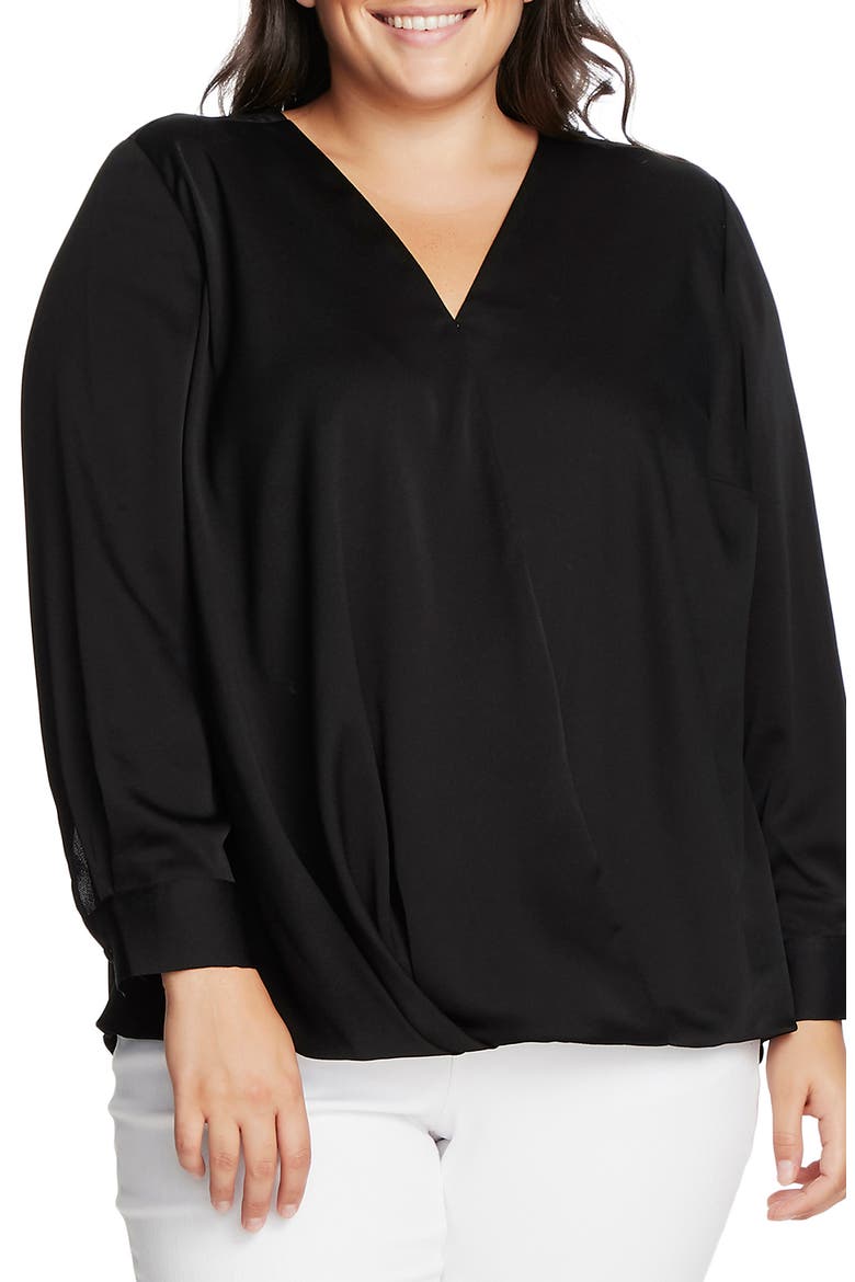 Wrap Front Hammered Satin Blouse, Main, color, RICH BLACK