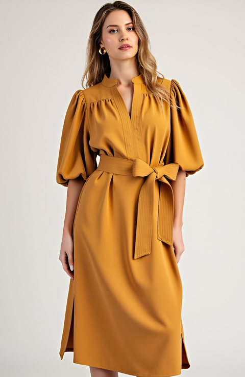 Puff Sleeve Midi Dress with Belt