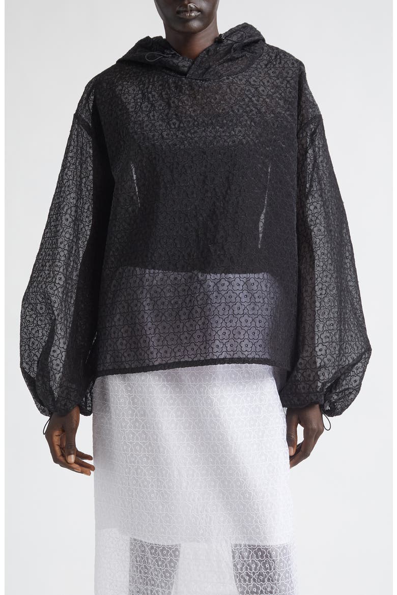 Shila Windflower Embroidered Sheer Organza Hoodie, Main, color, BLACK