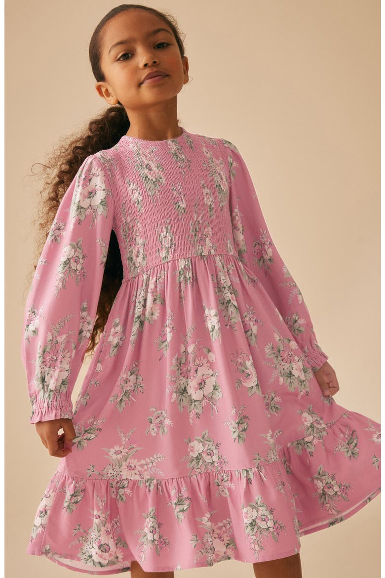 Kids' Smocked Long Sleeve Midi Dress, Alternate, color, PINK FLORAL