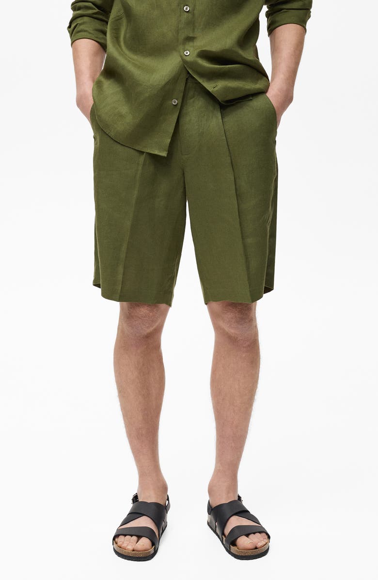MANGO Relaxed Fit Pleated Linen Bermuda Shorts, Main, color, 