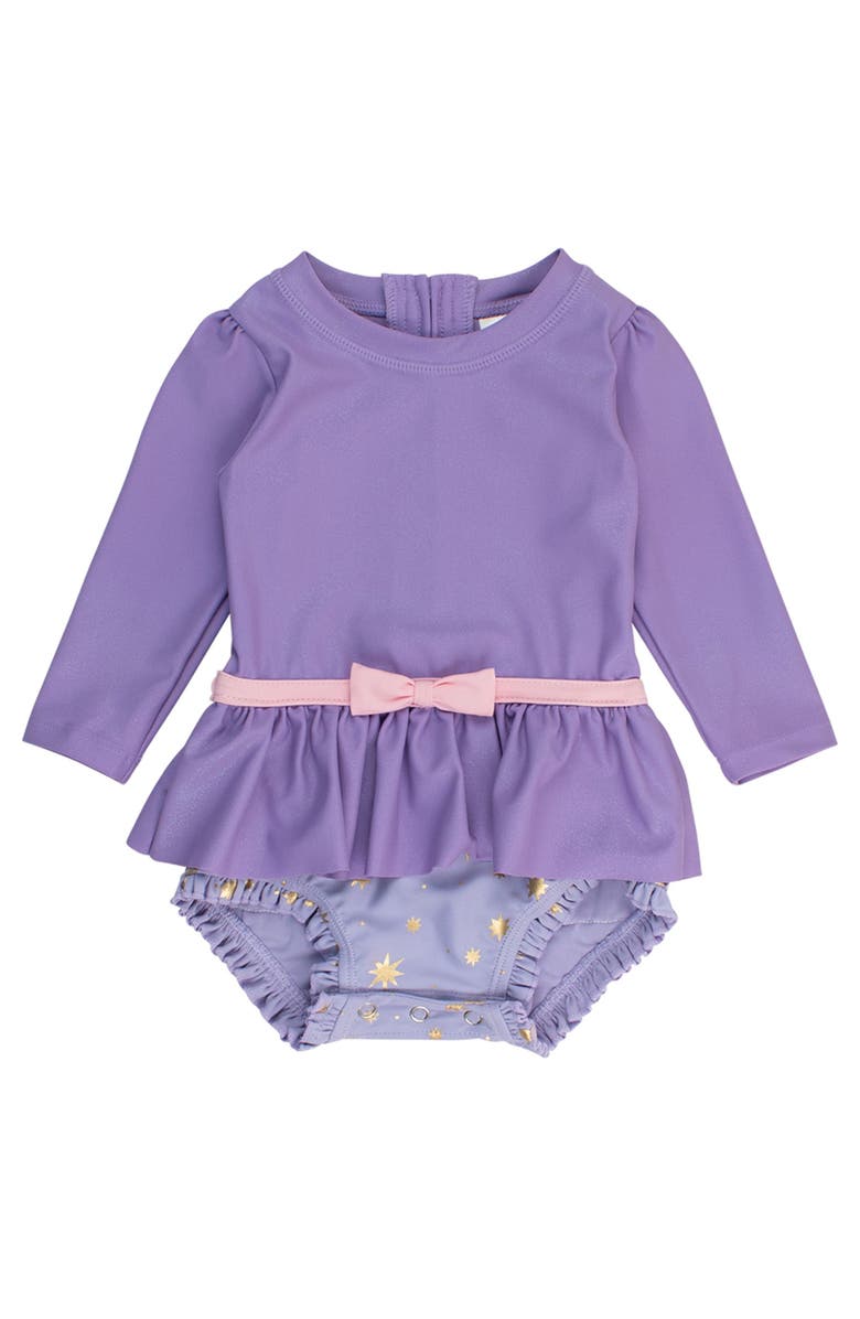 RuffleButts Baby Girls UPF50+ Princess Long Sleeve Bow Skirted One Piece Swimsuit, Main, color, Amethyst Princess