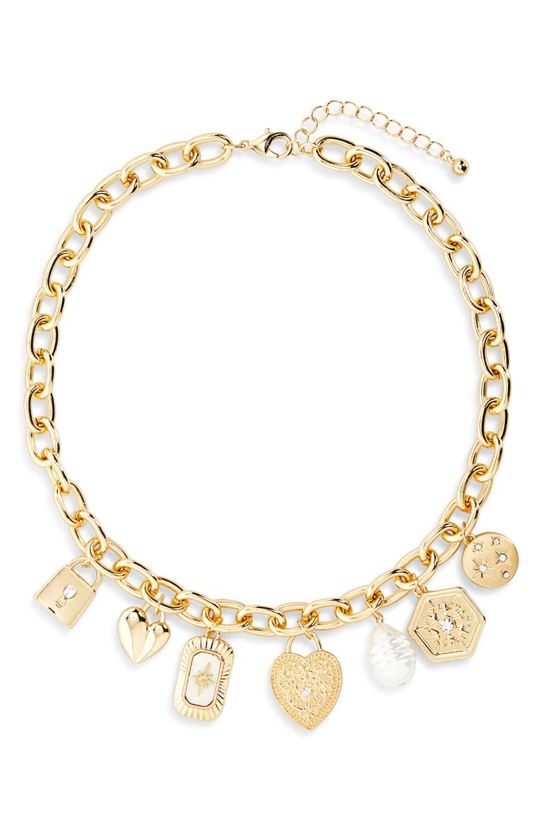 NORDSTROM RACK Sentiment Charm Collar Necklace, Main, color, Clear- White- Gold