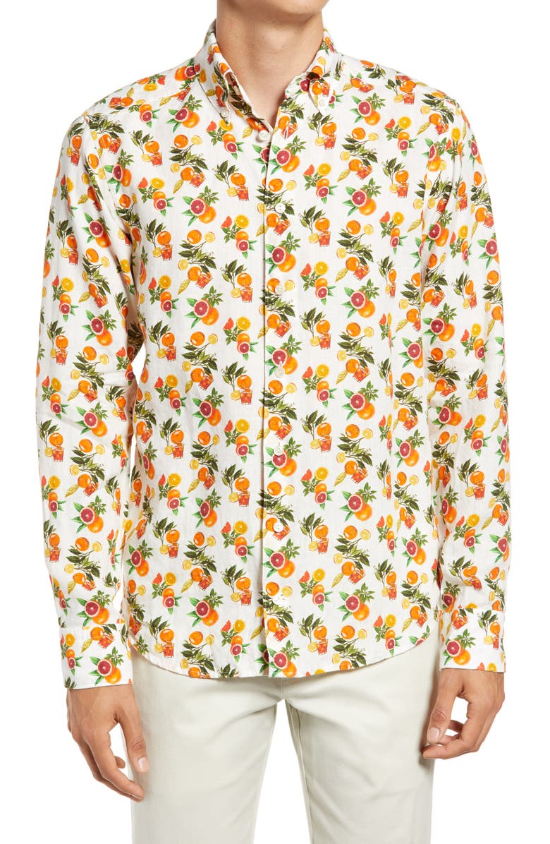 Eton Slim Fit Citrus Print Linen Button-Down Shirt, Main, color, 