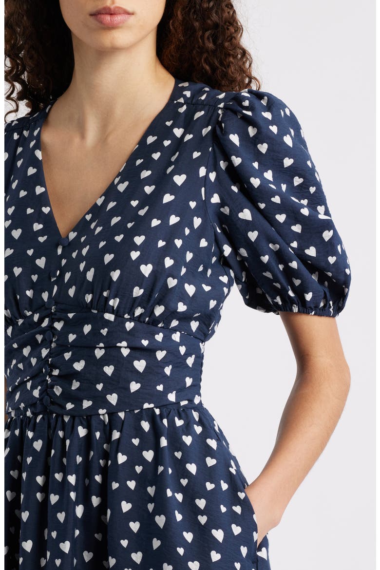 Puff Sleeve Heart Midi Dress, Alternate, color, NAVY- WHITE FLOATING HEARTS