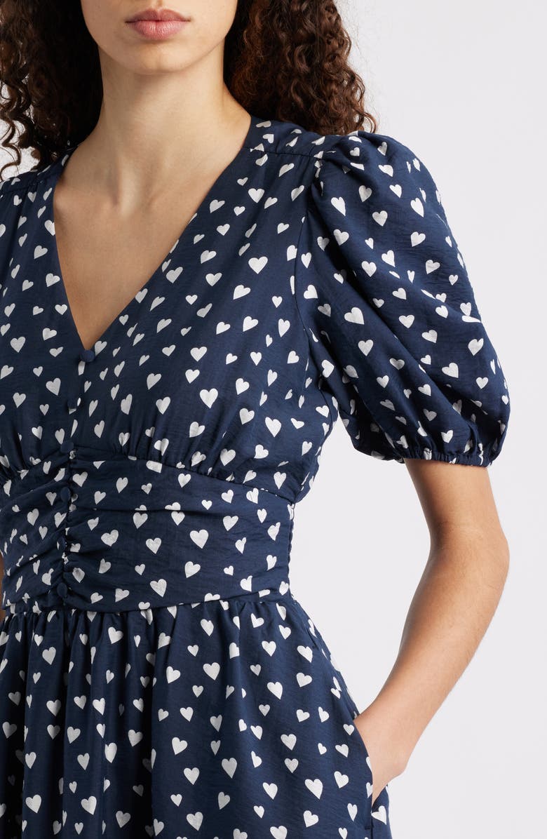 Caslon<sup>®</sup> Puff Sleeve Heart Midi Dress, Alternate, color, Navy- White Floating Hearts