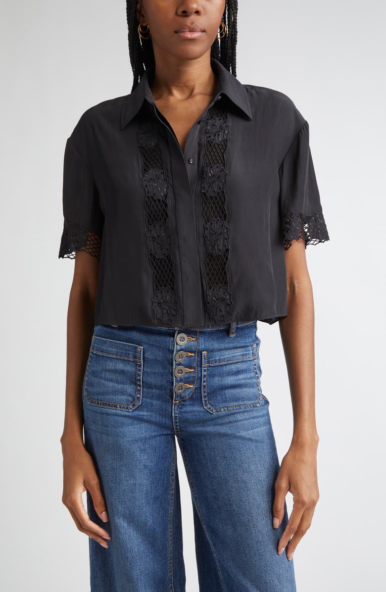 Ramy Brook Tania Embroidered Boxy Crop Shirt, Main, color, Black