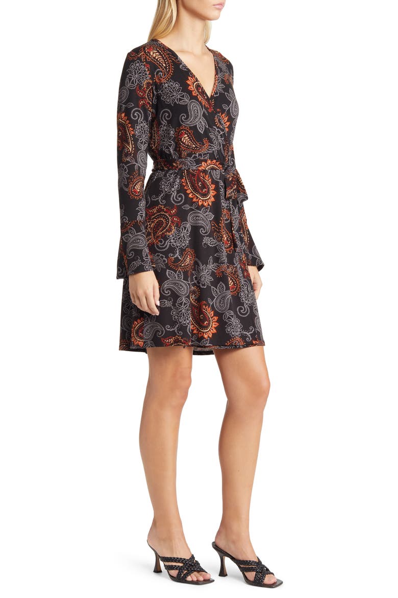 Paisley Long Sleeve Faux Wrap Dress, Alternate, color, BLACK