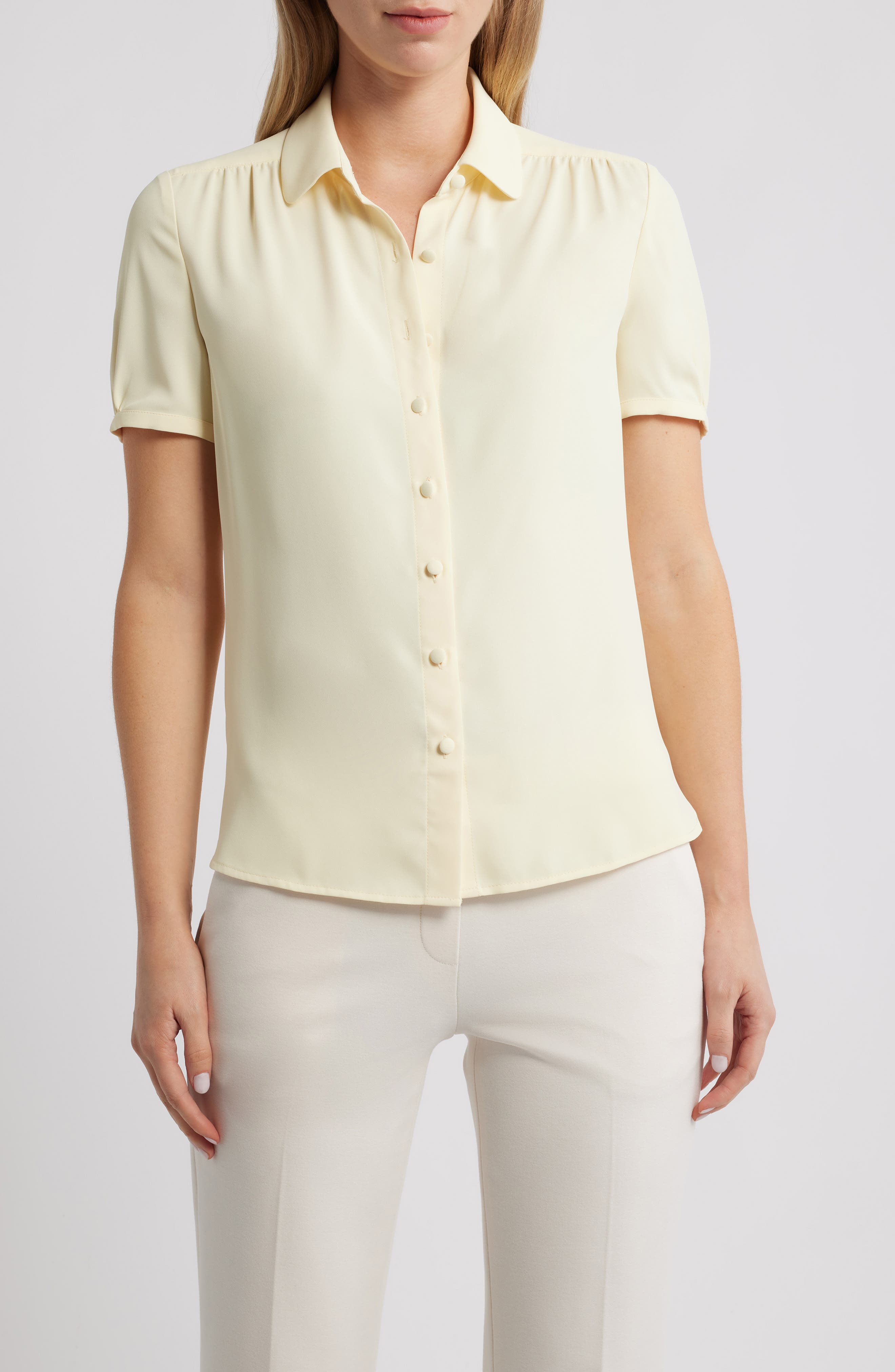 Shirred Short Sleeve Button-Up Shirt