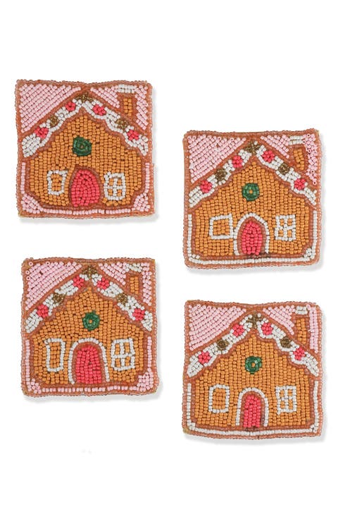 Festive Gingerbread House Set of 4 Beaded Coasters