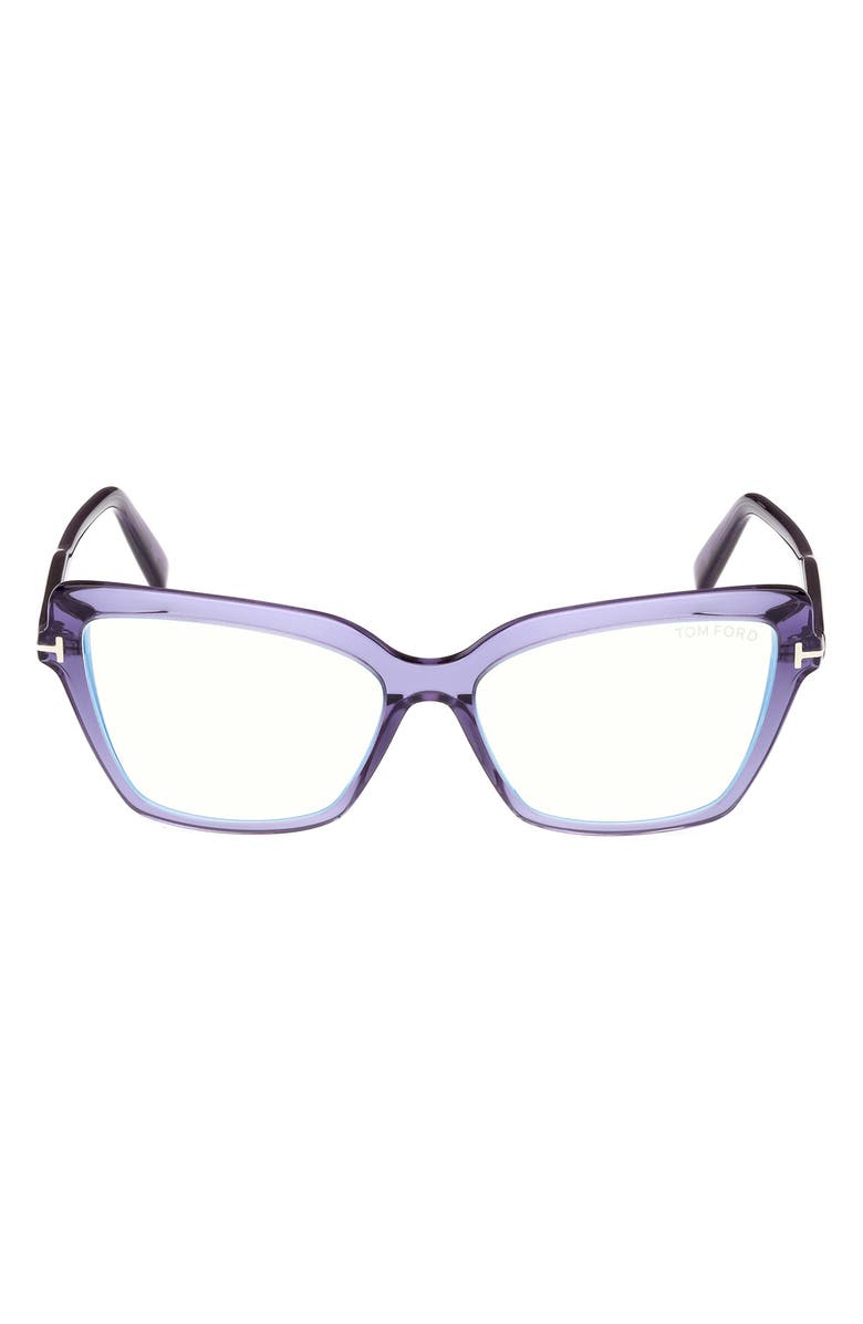 TOM FORD 55mm Cat Eye Blue Light Blocking Optical Glasses, Main, color, Violet / T Logo / Blue Block