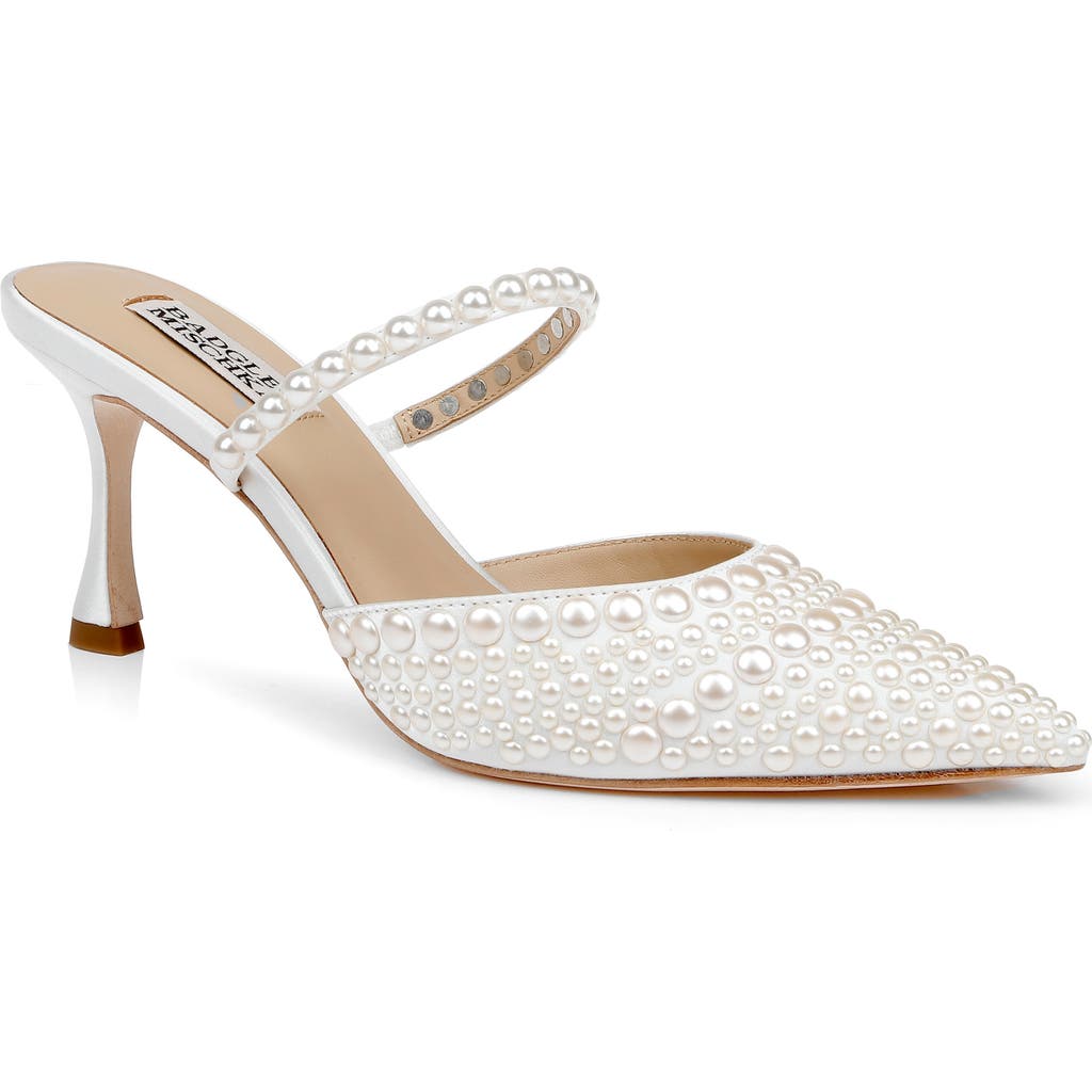 Badgley Mischka Duchess Pointed Pearly Mule Pumps In White Satin