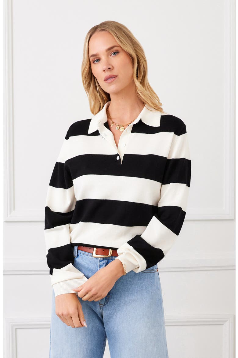 Stripe Collared Henley Sweater, Alternate, color, OFF WHITE W/ BLACK