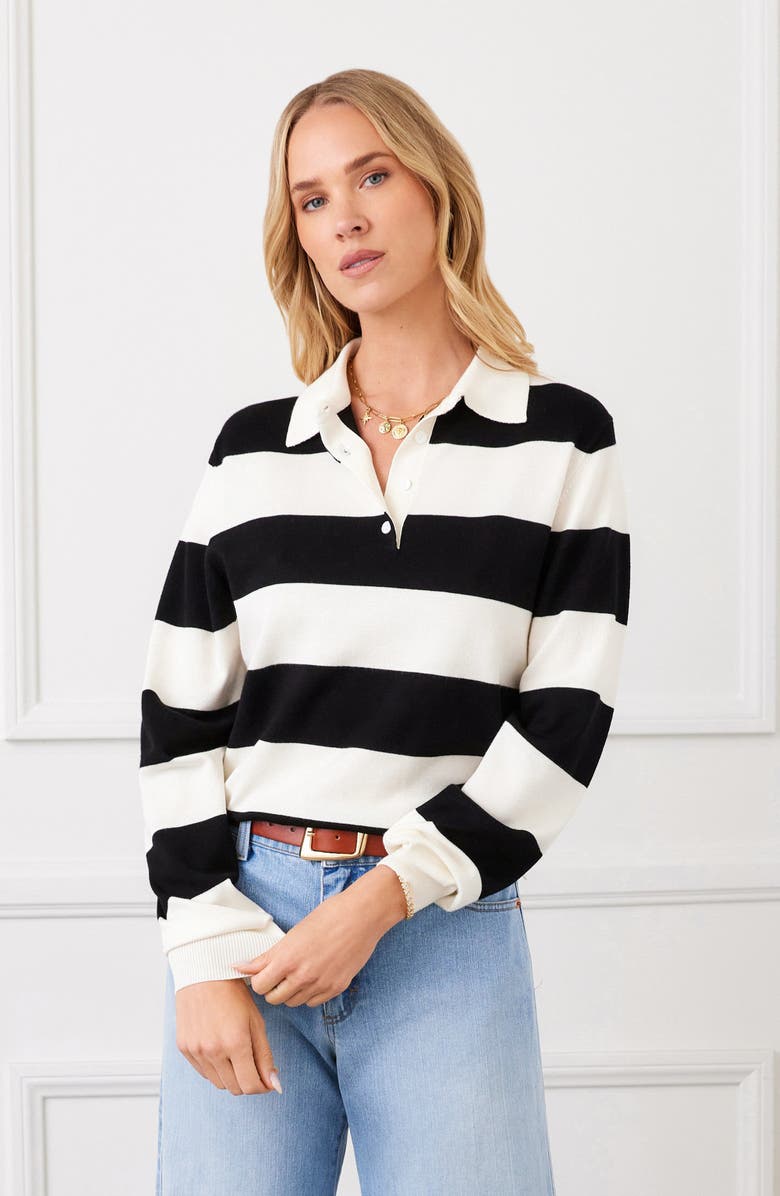 Karen Kane Stripe Collared Henley Sweater, Alternate, color, Off White W/ Black
