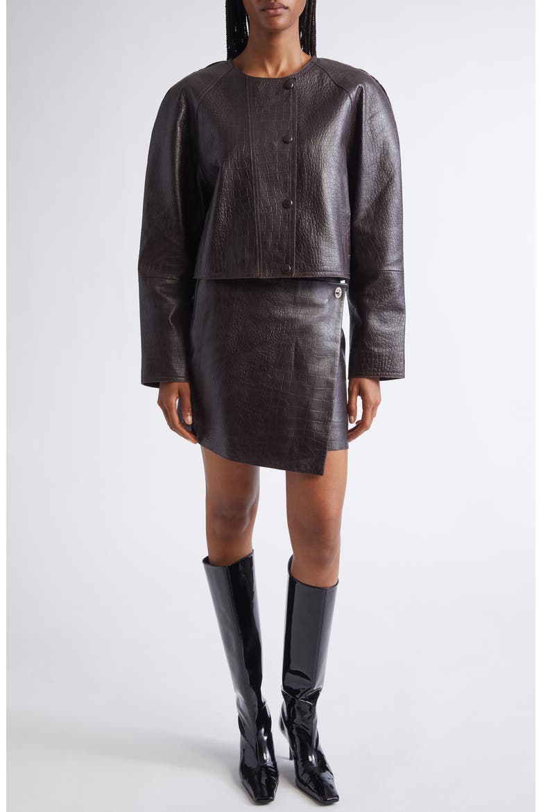 Raya Croc Embossed Leather Wrap Miniskirt, Alternate, color, ESPRESSO