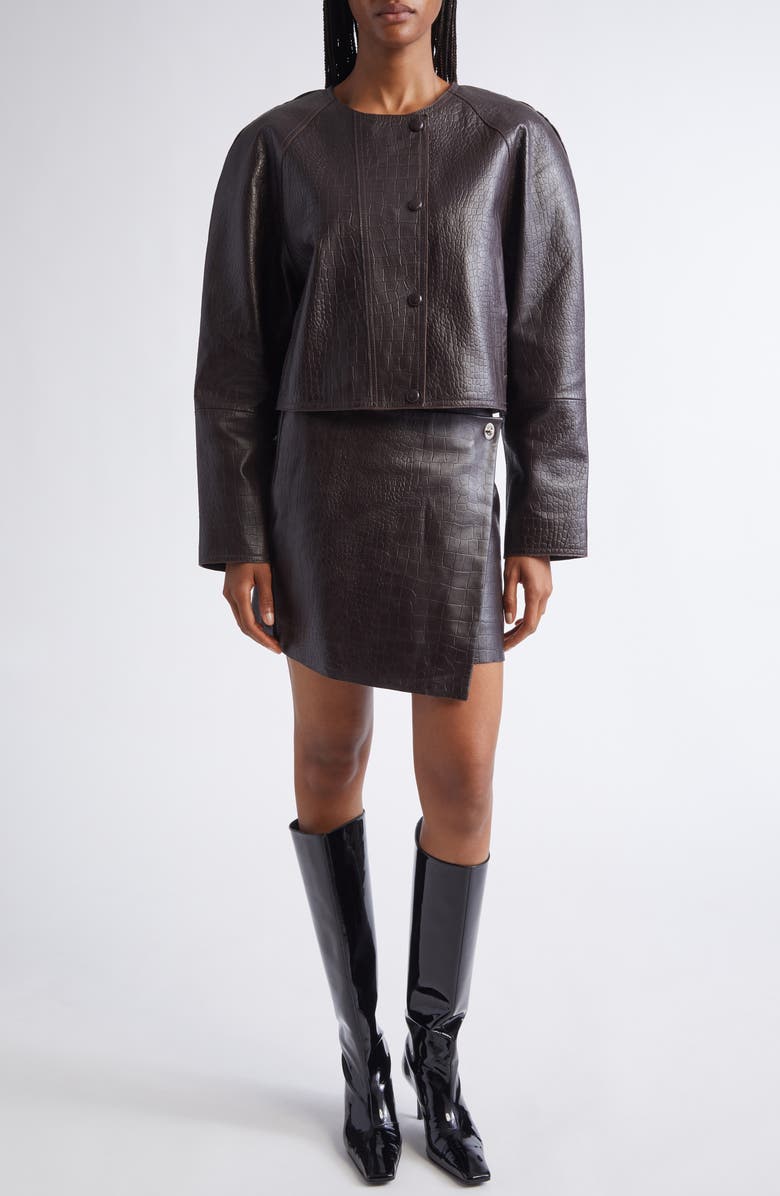 Stand Studio Raya Croc Embossed Leather Wrap Miniskirt, Alternate, color, Espresso