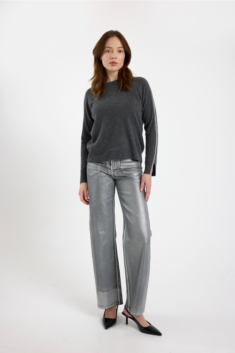 Split Cuff Crew Neck 100% Cashmere Sweater, Alternate, color, DERBY GREY