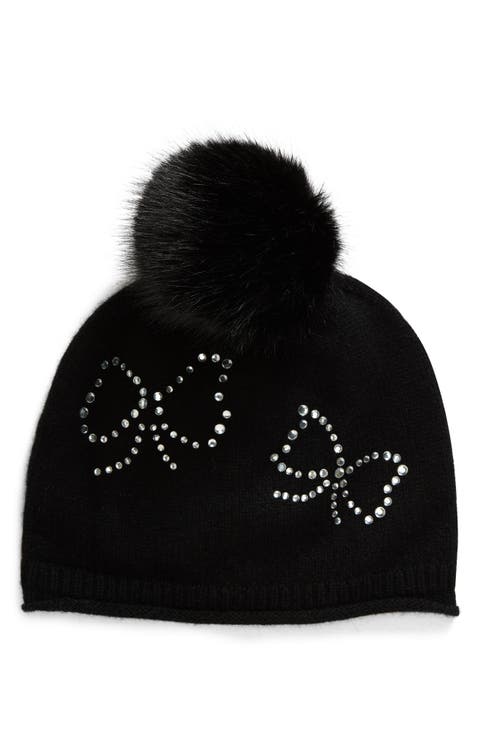 Bow Rhinestone Faux Fur Pom Cashmere Beanie