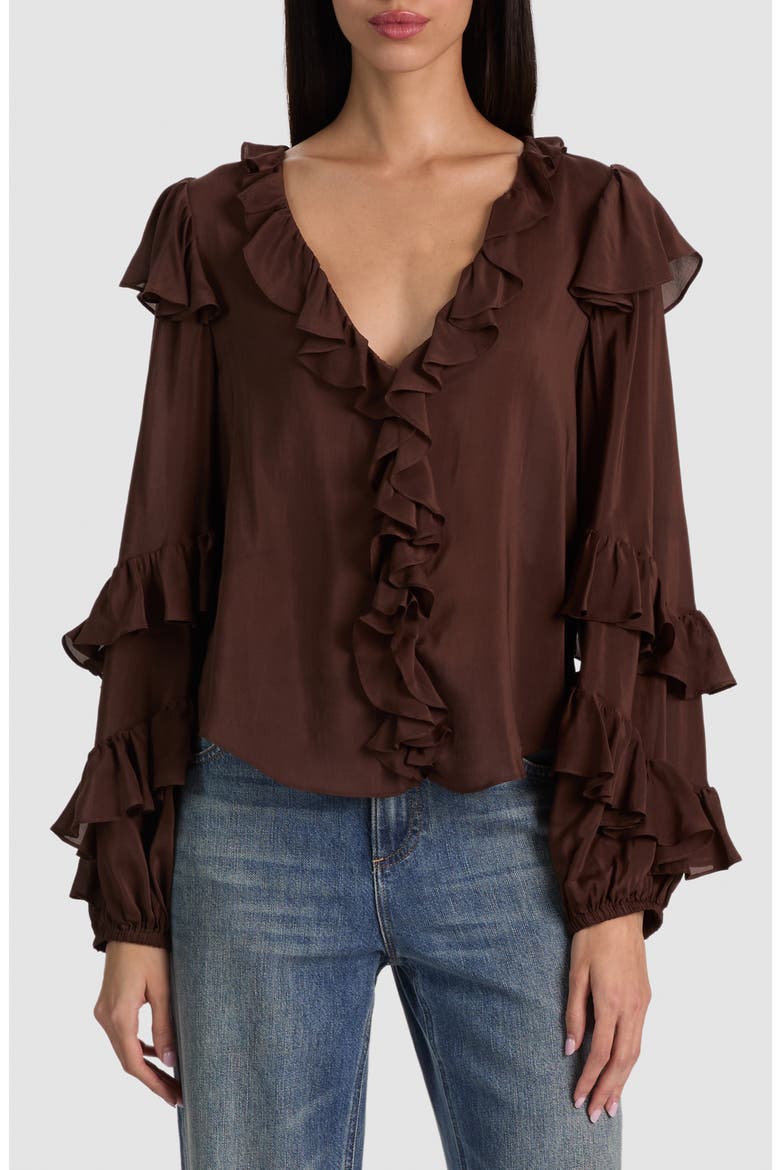 Rylee Ruffle Silk Blend Top, Main, color, DARK CHOCOLATE