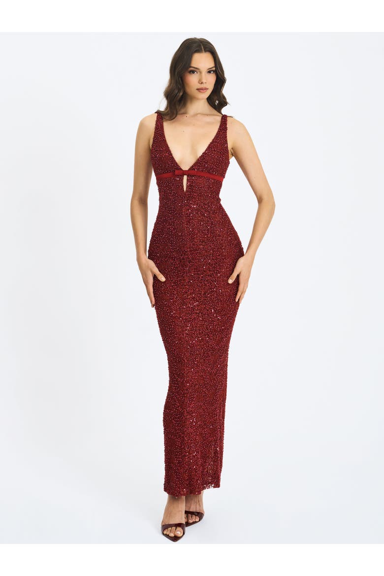 Elora Sequin Beaded Keyhole Maxi Dress, Alternate, color, Crimson Red