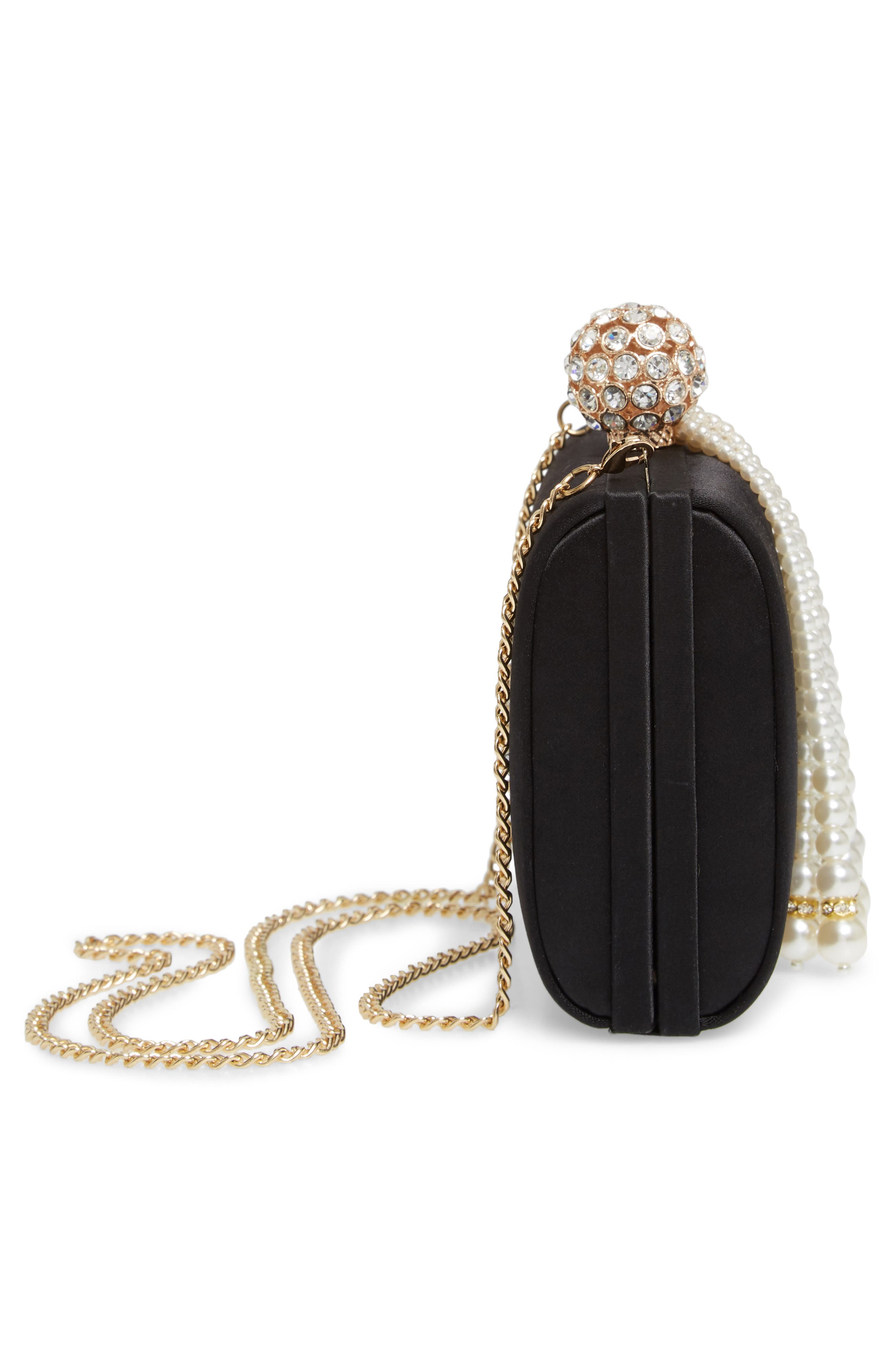 Nordstrom Imitation Pearl Fringe Satin Minaudière, Alternate, color, Black
