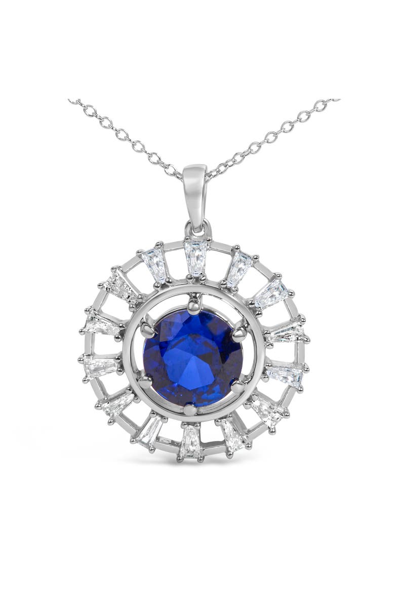 Sterling Silver Lab Grown Sapphire and 3/5 Cttw Baguette Diamond Medallion Pendant Necklace, Alternate, color, Silver