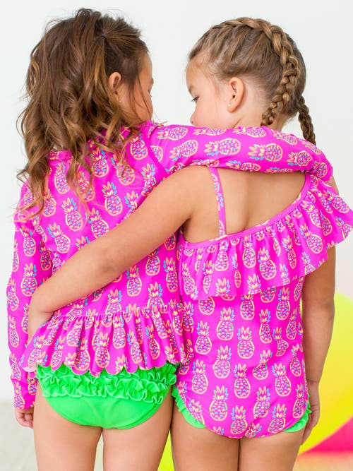 Shop Rufflebutts Girls Upf50+ Sun Protection One Shoulder Ruffle One Piece In Neon Violet Pineapples
