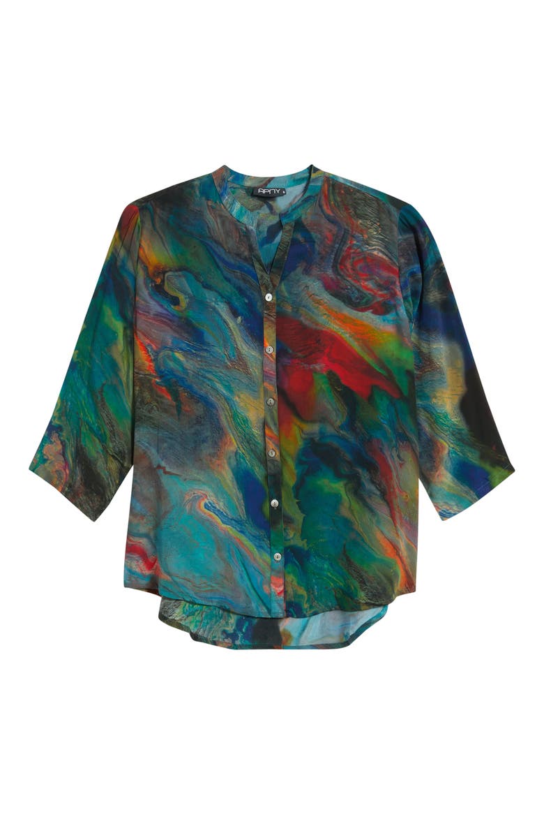 Mandarin Collar Button-Up Shirt, Alternate, color, EMERALD AUORA MULTI