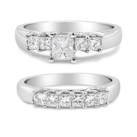 14K White Gold 1 1/2 Cttw Diamond Engagement Wedding Ring Set