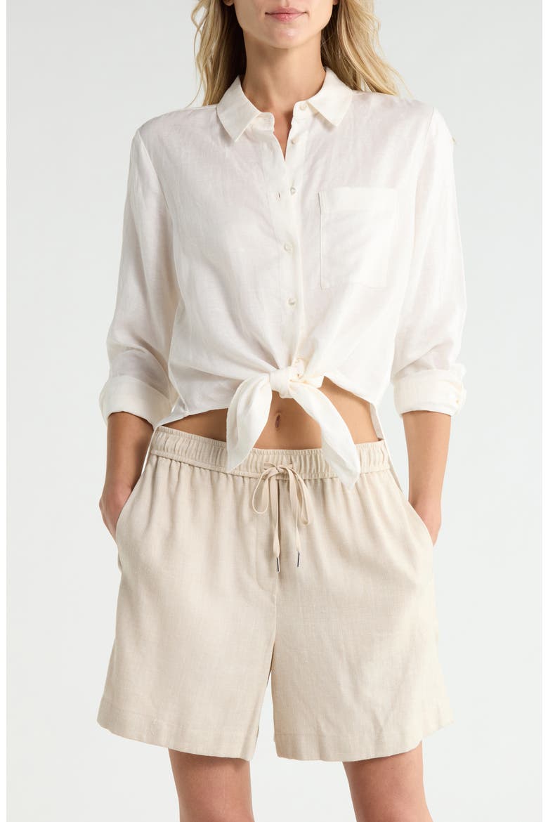Hekanina Linen Blend Button-Up Shirt, Main, color, IVORY