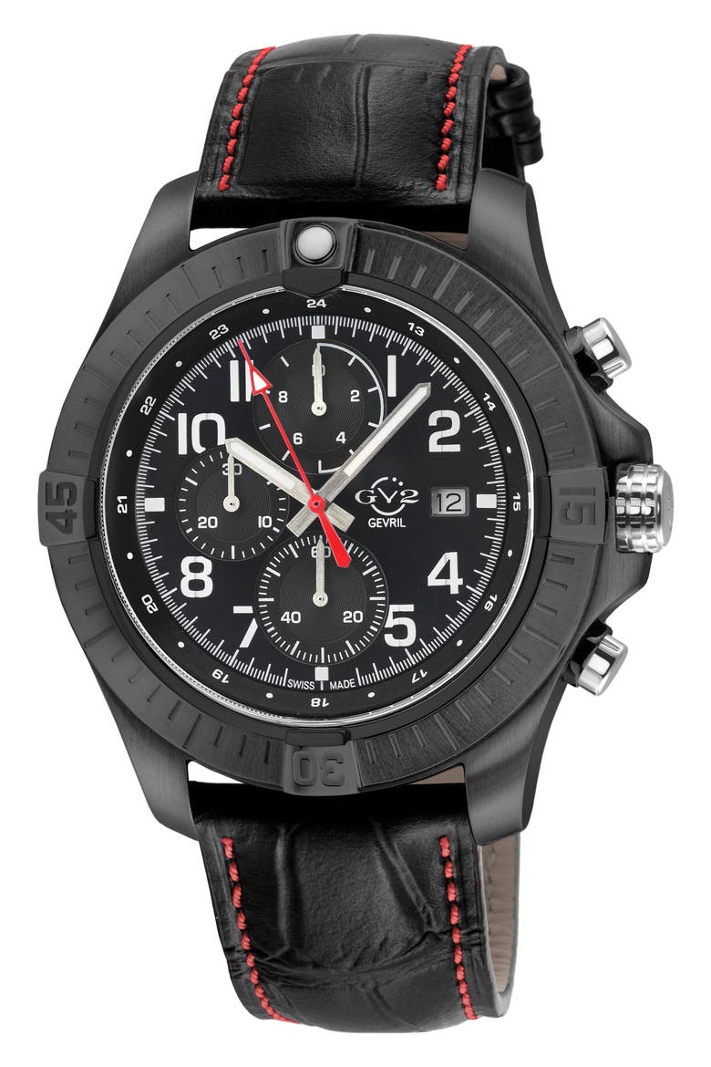 T38 Chronograph Croc Embossed Leather Strap Watch, 45mm, Main, color, BLACK