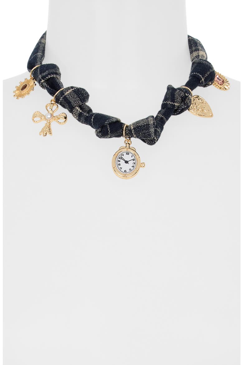 Flannel Watch Charm Necklace, Alternate, color, BLUE MULTI- GOLD