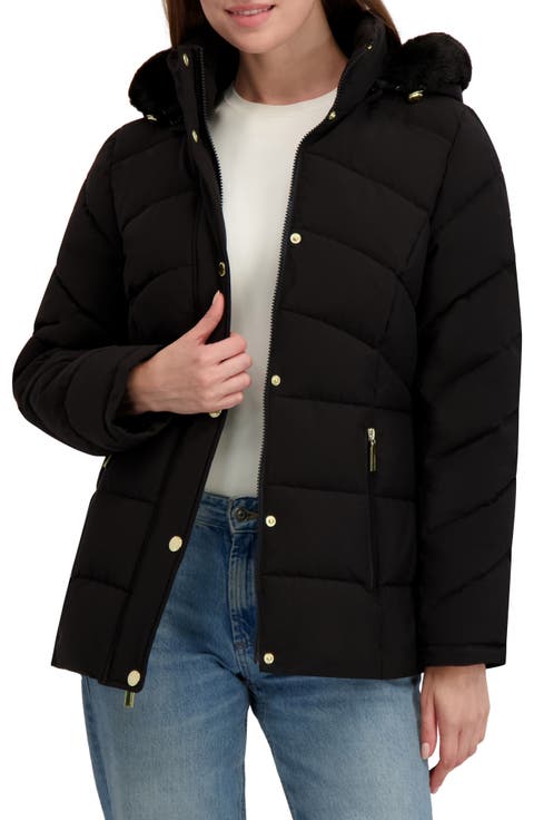 Short Puffer With Faux Fur Trim Hood