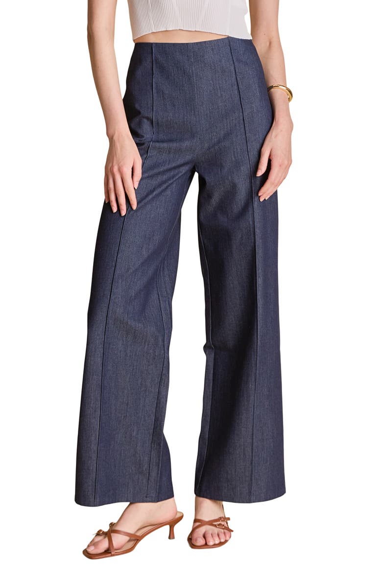 Creased Wide Leg Denim Pants, Main, color, NAVY DENIM