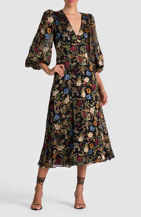 Alice + Olivia Mona Floral Burnout Long Sleeve Midi Dress