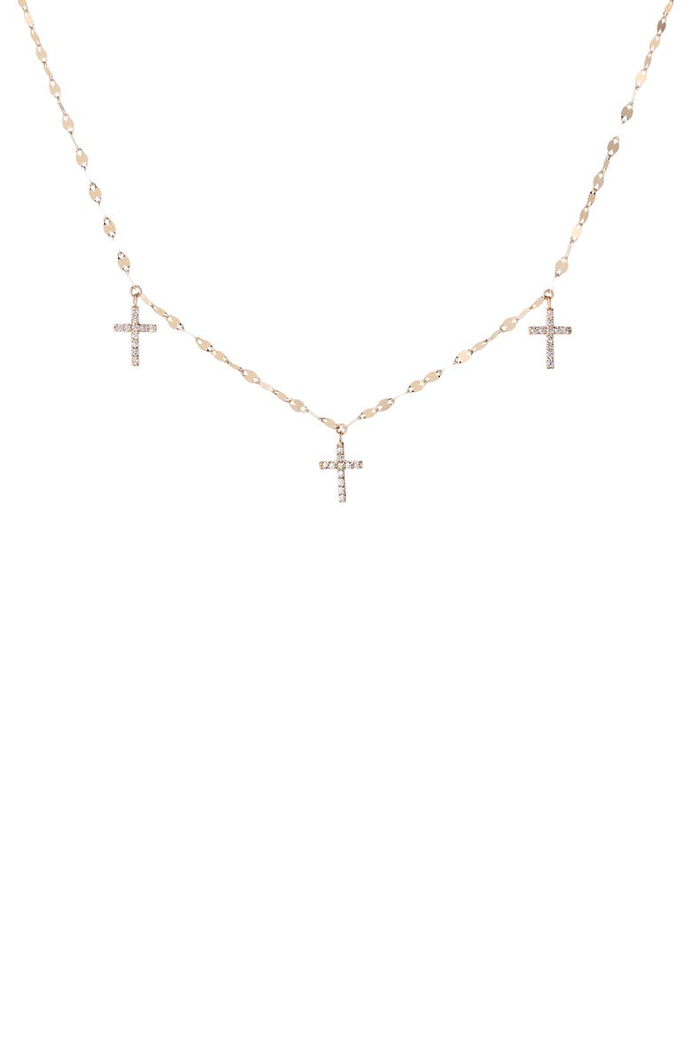 14K Gold Triple Diamond Cross Charm Necklace, Main, color, YELLOW GOLD