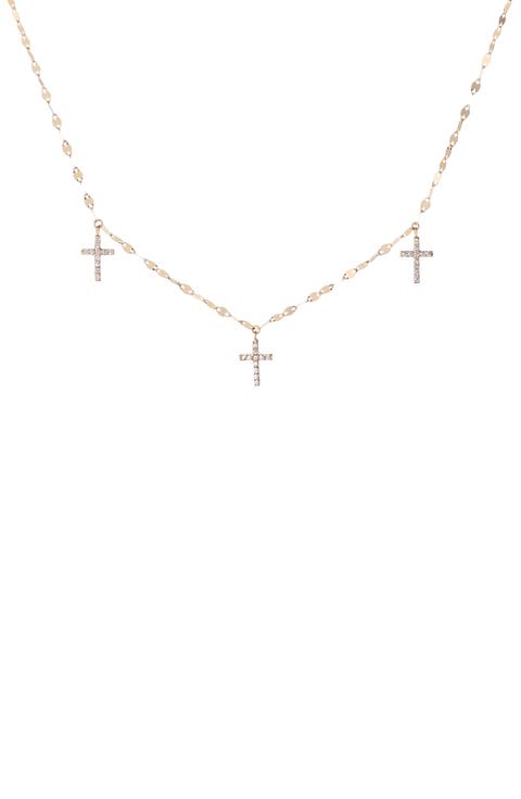 14K Gold Triple Diamond Cross Charm Necklace
