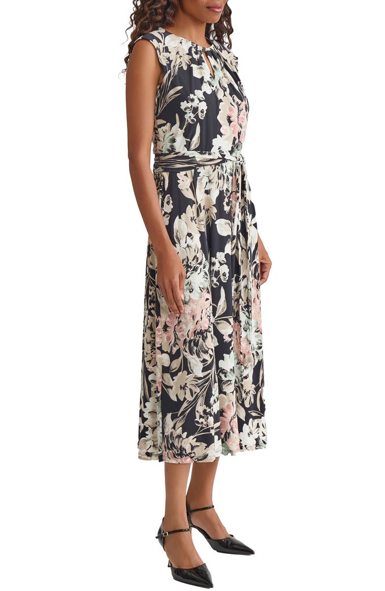 KASPER Print Tie Waist Sleeveless Midi Dress, Alternate, color, Black Multi