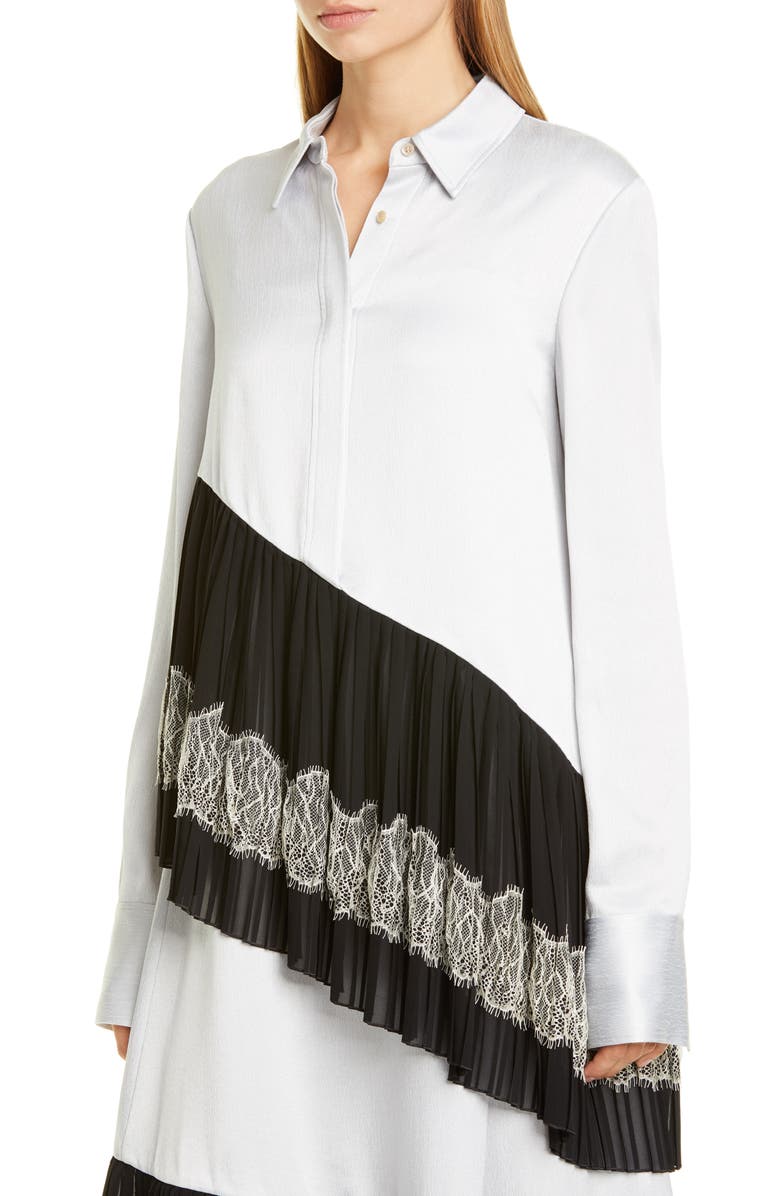 Adeam Antique Lace Trim Pleated Satin Shirt, Alternate, color, 